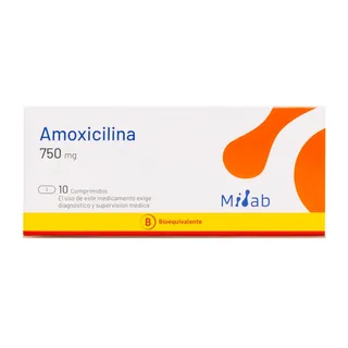 Envase de Amoxicilina 750 mg x 10 cápsulas milab