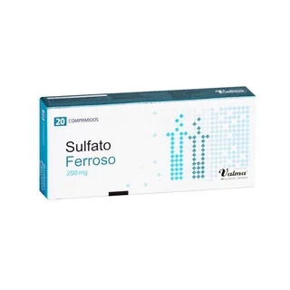 Envase de Sulfato ferroso 200 mg x 20 comprimidos valma