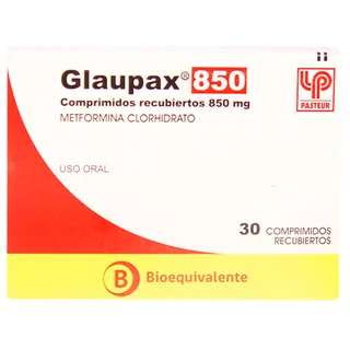 Envase de Glaupax 850 mg x 30 comprimidos