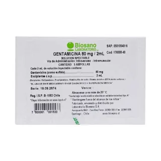 Envase de Gentamicina amp 80mg/2ml x 5 ampollas