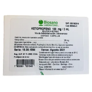 Envase de Ketoprofeno iv solución inyectable 100mg / 2ml x 5 ampollas