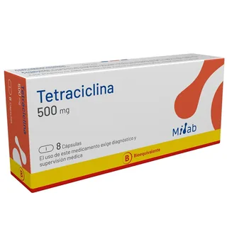 Envase de Tetraciclina 500 mg x 8 capsulas milab