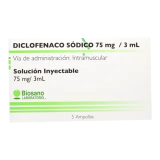 Envase de Diclofenaco sodico 75 mg / 3 ml x 5 ampollas