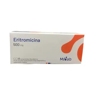 Envase de Eritromicina 500 mg x 8 comprimidos milab
