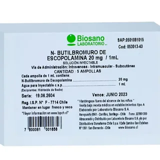 Envase de N butilbromuro escopolamina 20 mg/ml x 5 ampollas