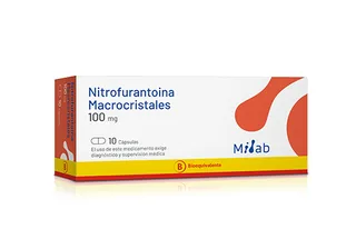 Envase de Nitrofurantoina macrocristales 100 mg x 10 capsulas