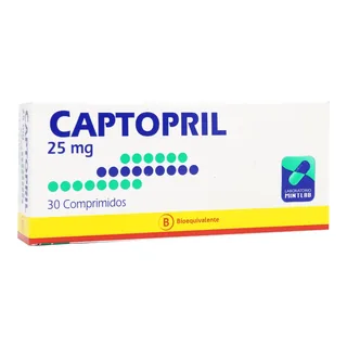 Envase de Captopril 25 mg x 30 comprimidos
