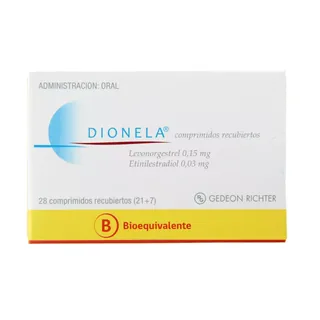 Envase de Dionela 0,03 mg / 0,15 mg x 28 comprimidos